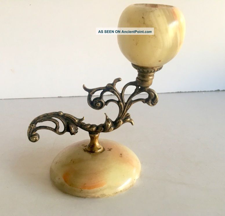 Vintage Rare Marble Stone Brass Hand Carved Candle Stand Candle Holder India photo