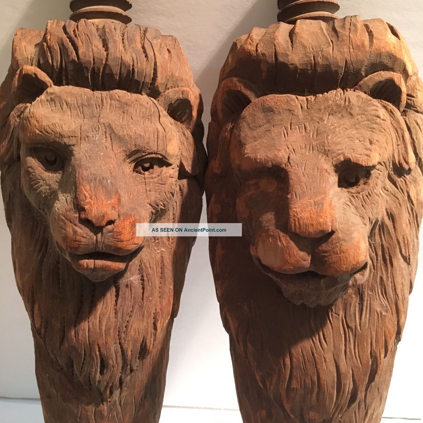 Wooden Pillars Bed Post 1861 Antique Rare Lion Cat Animal Hand Carved Latin American photo
