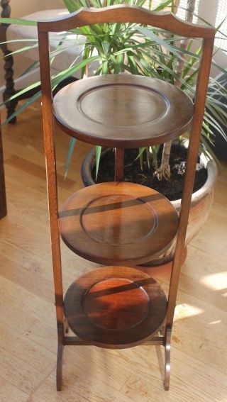 Antique 3 Tier Wooden Mahogany Folding Cake Stand C.  1940 photo