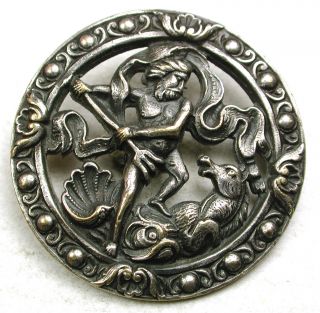 Lg Antique Silver On Brass Button Detailed Neptune W/ Fish & Seahorse 1 & 1/4 