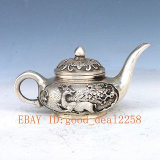 Chinese Silver Copper Handcarved Deer & Pine Teapot And Bat Lid W Qianlong Mark photo