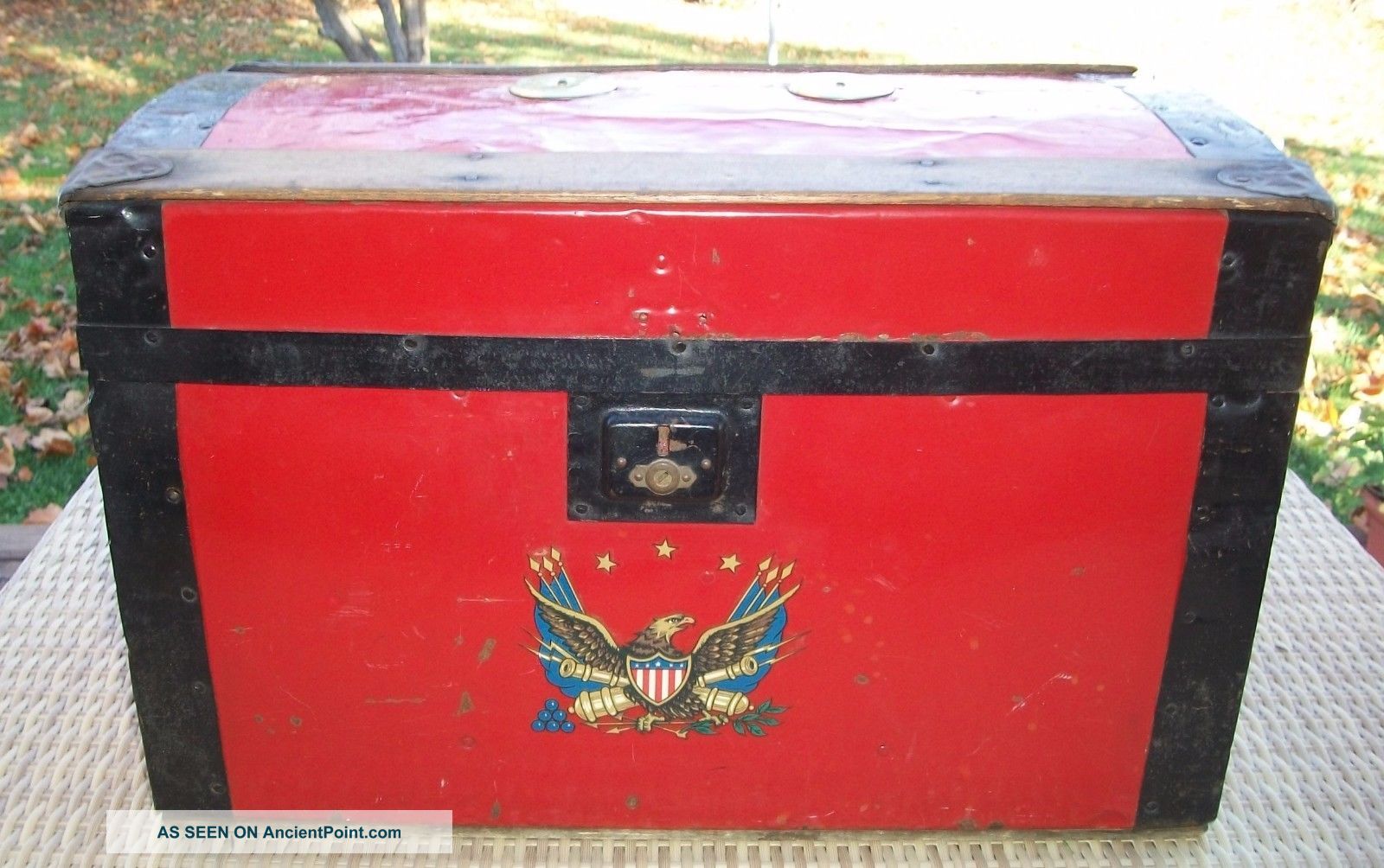 Antique 1920 ' S Feigenbaum Bright Red Toy Trunk - Wood - Tag - Made In Usa - Wow 1900-1950 photo