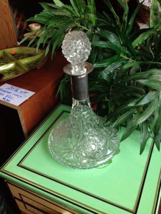Vtg Wine Glass Crystal Boat Ship Decanter Bottle Silver Plated Sheratonn Italy Z photo