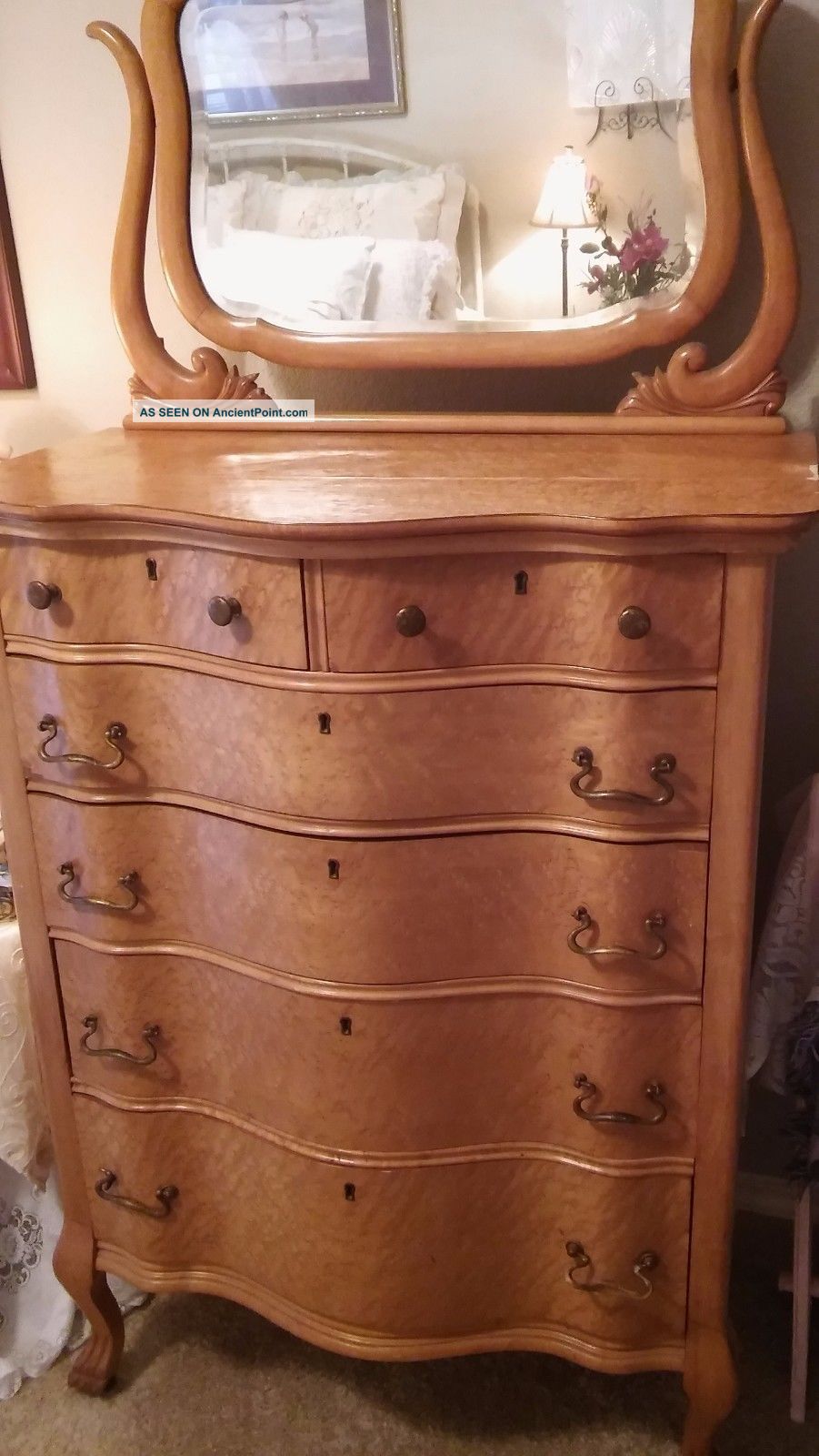 Tall Antique Birdseye Honey Maple Dresser With Decorative Beveled Mirror 1900-1950 photo
