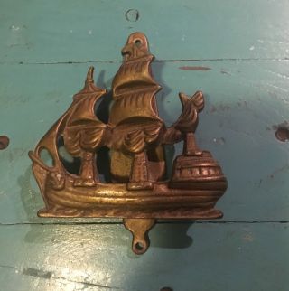 Vintage Antique Old Solid Brass Door Knocker Huge Ship Galleon Marine Nautical photo