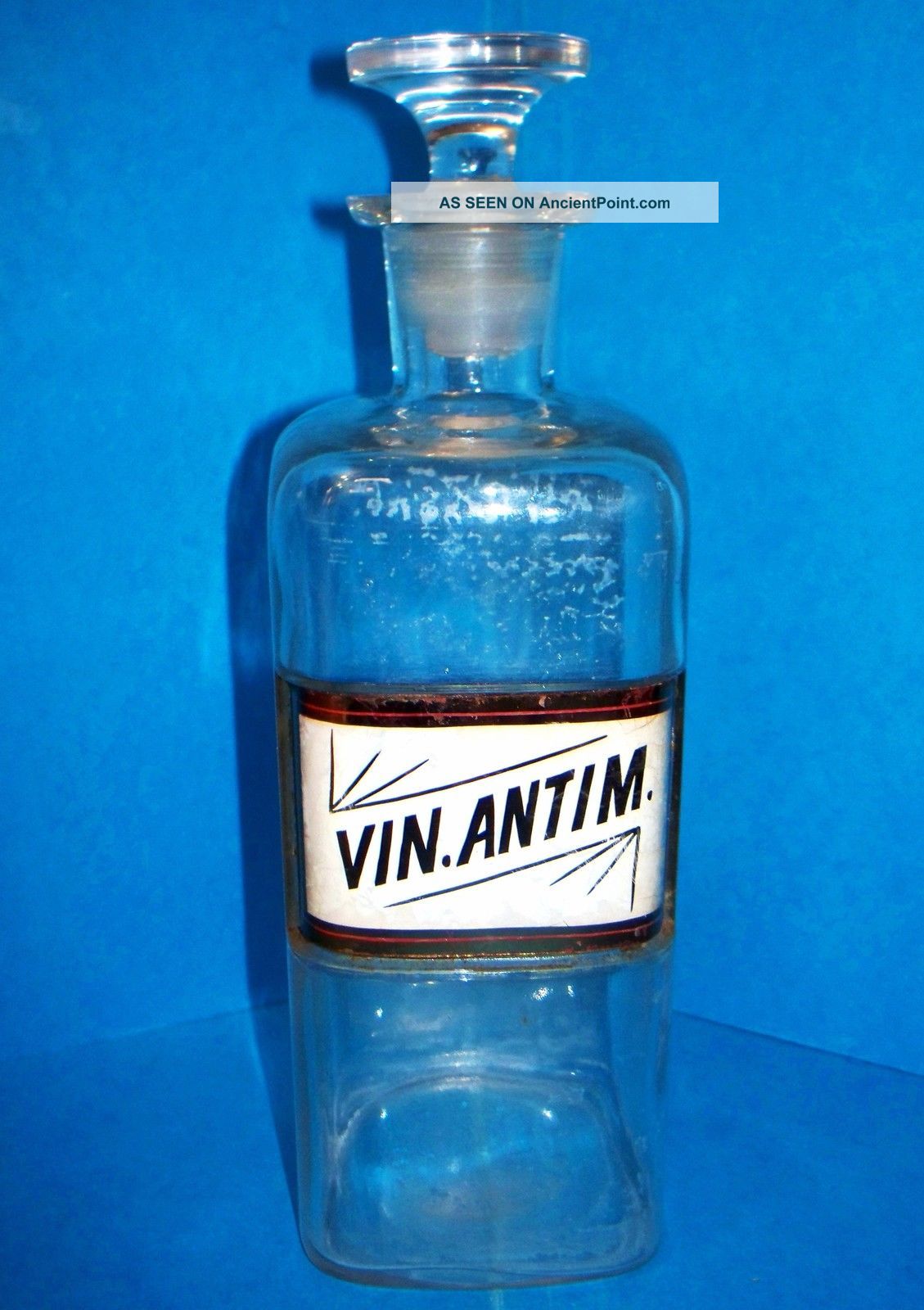 Antique Apothocary Bottle/jar Vin.  Antim.  Pat.  Apr 2,  1889 Label Under Glass Bottles & Jars photo
