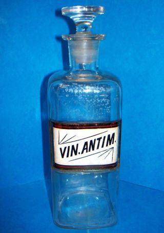 Antique Apothocary Bottle/jar Vin.  Antim.  Pat.  Apr 2,  1889 Label Under Glass photo