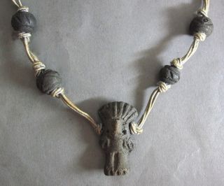 Pre Columbian Terracotta Deity & Spindle Beads Necklace 17” 16g photo