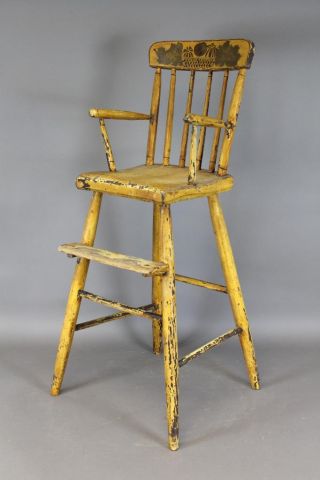 Great Early 19th C Ct Child ' S Windsor Highchair Yellow Decorated Paint photo