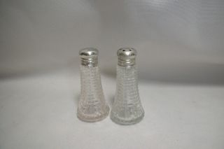 Vintage Pattern Glass Salt & Pepper Shakers W/ Sterling Silver Lids photo