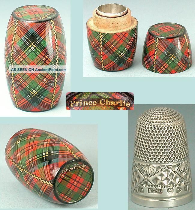 Antique Prince Charlie Tartan Ware Thimble Barrel 1897 Sterling Thimble Thimbles photo