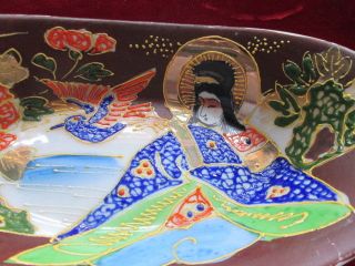 Japanese Satsuma Oriental Hand Decorate Oval Tray Man & Flowers/bird 1920c photo