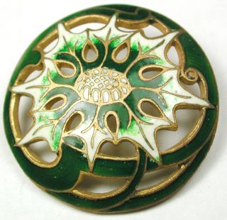 Antique French Enamel Button Pierced Green Thistle Flower Design 1 & 3/16 