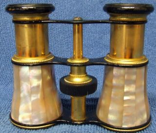 Antique French Lemaire Opera Glasses Mother Of Pearl & Brass W/leather Case photo