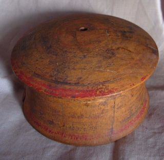 Antique Treen Ware Turned Wood Sewing Thread Floss Box Orig Mustard Yellow Paint photo
