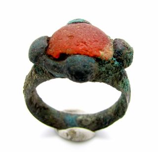 Saxon Era Ring W/ Orange Stone & Cross Bezel - Rare Ancient Wearable - C750 photo