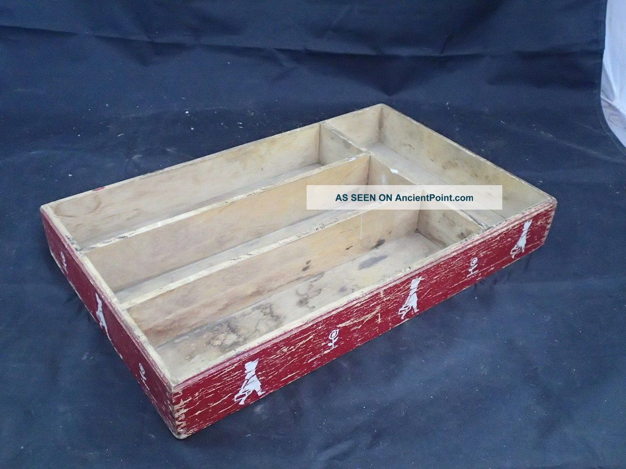 Vintage Wooden Red Paint Decorated Utensil Box Tray Dovetailed Mod Retro Folk Trays photo