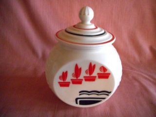 Vtg Art Deco Milk Glass Rounded Canister With Lid Red - Black Design Tulips photo