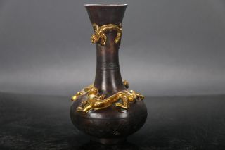 Old Peiking Gilt Handwork Gecko Pure Copper Vase W Qianlong Mark E836 photo