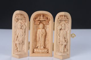 Decorated 100 Boxwood Highly Difficulty Carved Buddha Statue Folding Box H24 photo