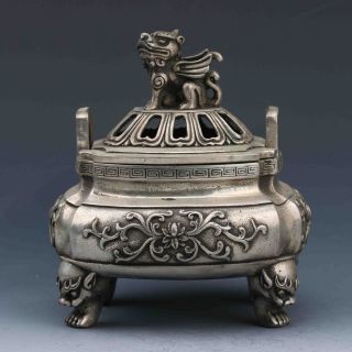 Tibet Silver Hand - Carved Incense Burner & Unicorn Lid W Qianlong Markg856 Gd2942 photo