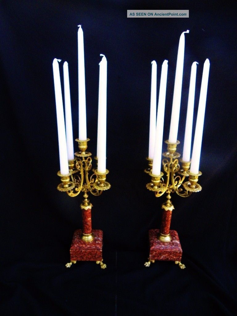 French Antique Red Marble Candelabras.  Third Empire.  Napoleon Iii Metalware photo