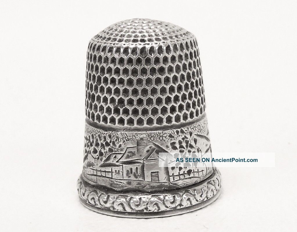 Antique Simon ' S Bros Sterling Silver Cottage Landscape Bridge Thimble Size 11 Thimbles photo