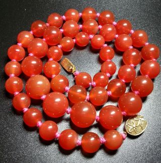 Vintage Chinese Cherry Red Carnelian Agate 14 Mm Bead Hand Knotted Necklace photo
