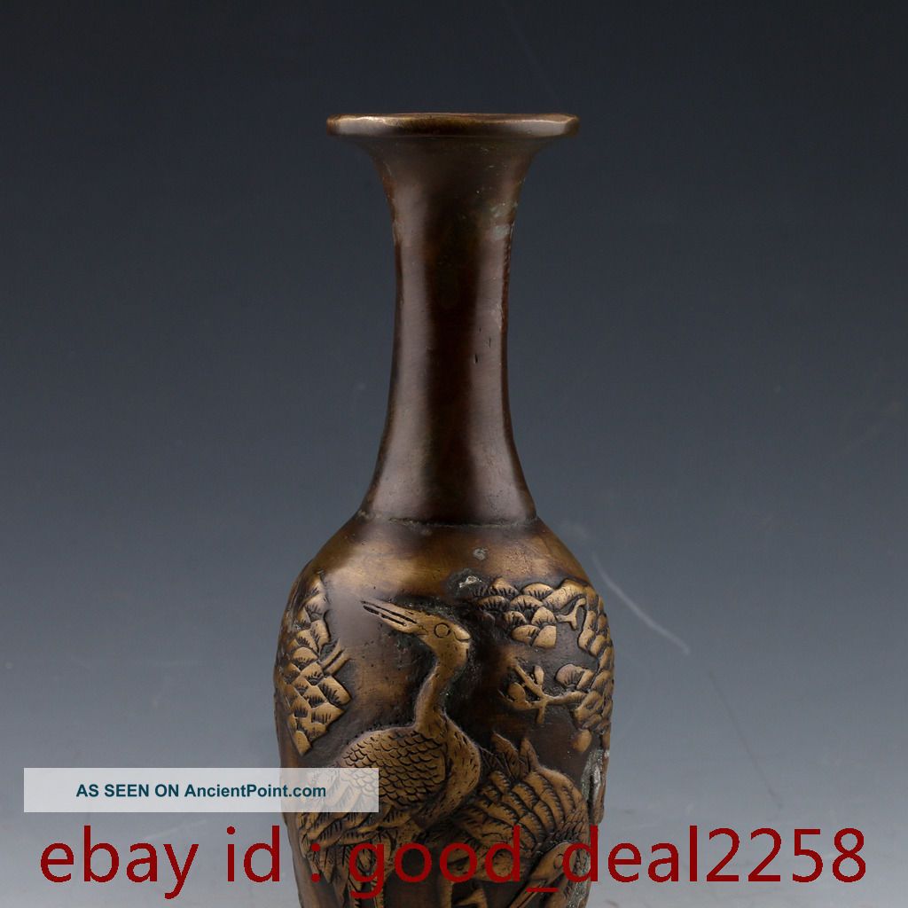 Chinese Bronze Handmade Carved Cranes & Pine Vase W Xuande Mark 1108 Vases photo