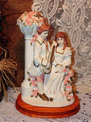 Vintage Courting Couple Statue Seeme Figurine Porcelain Bisque W/ Wood Base photo