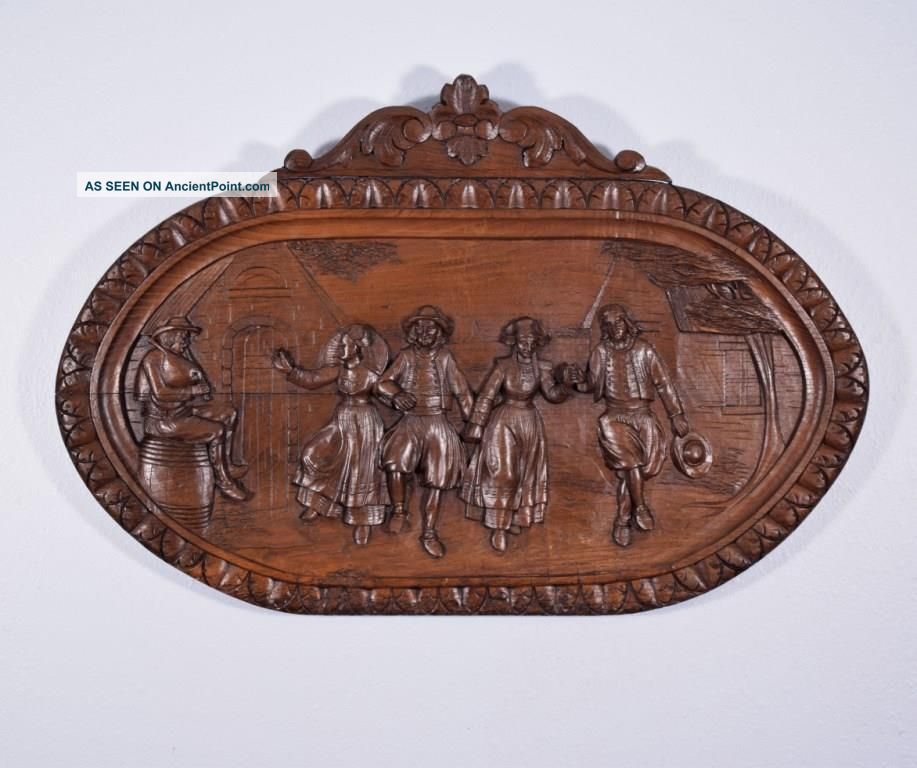 French Antique Breton Panel Brittany Chestnut Wood Deeply Hand Carved 1 Carved Figures photo