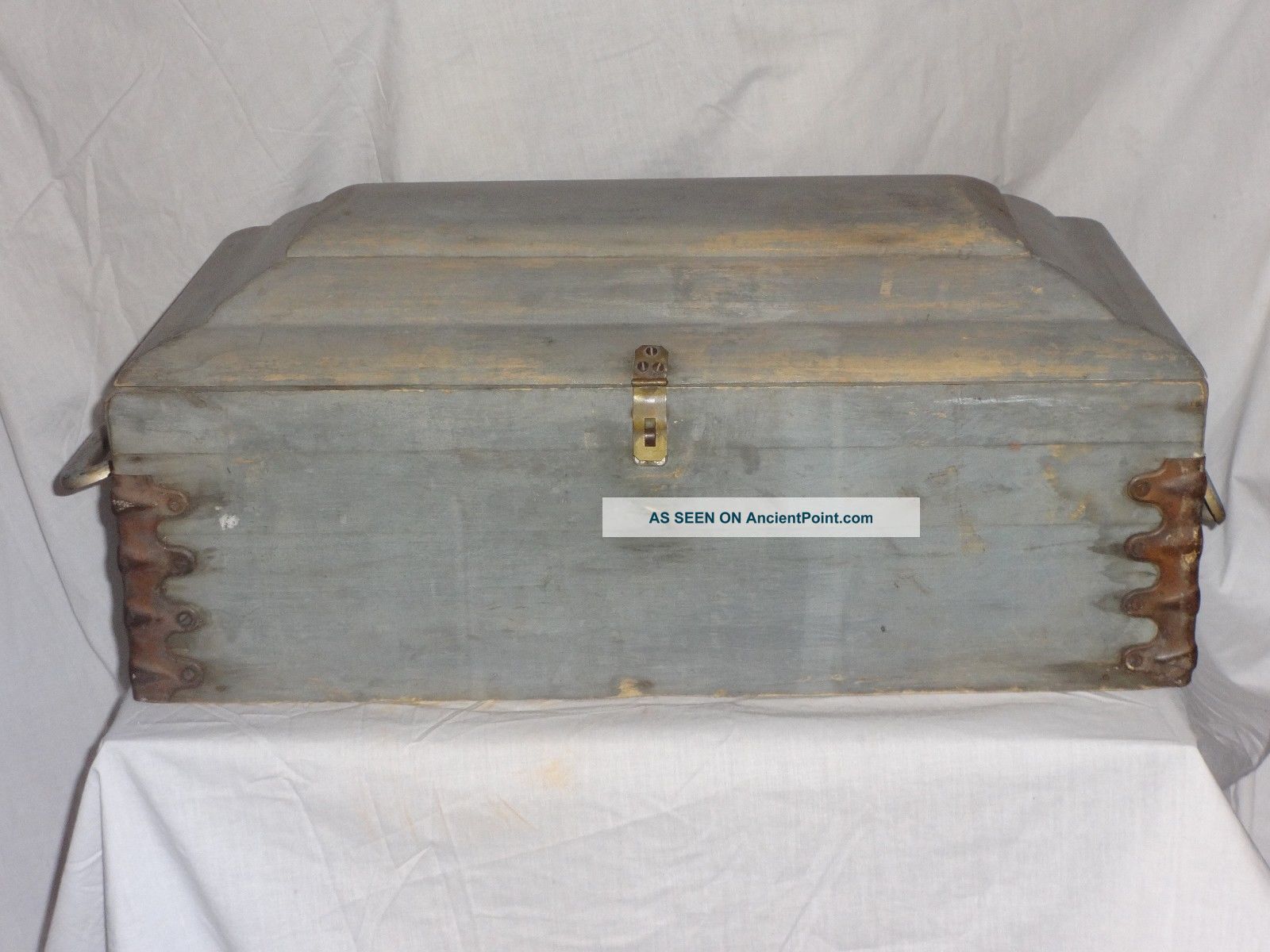 Antique Blue Wash Paint Childs Casket Box Coffin Handles Domed Wood Wooden Trunk Boxes photo