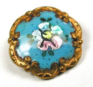 Antique Enamel Button Turquoise W/ Flower On Foil W/ Fancy Brass Border 1/2 