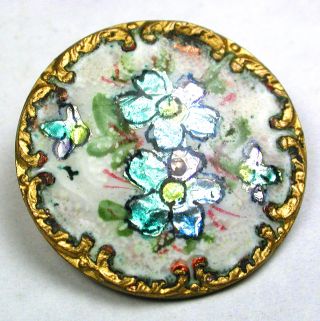 Antique Enamel Button Turquoise & Silver Foinl Unser Surface Of Flowers 7/8 