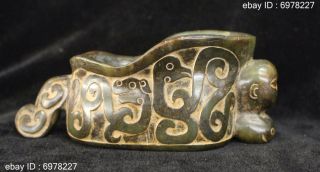 Rare Antique China Hongshan Culture Old Jade Carving Two Beast Wine Cup Glasses photo