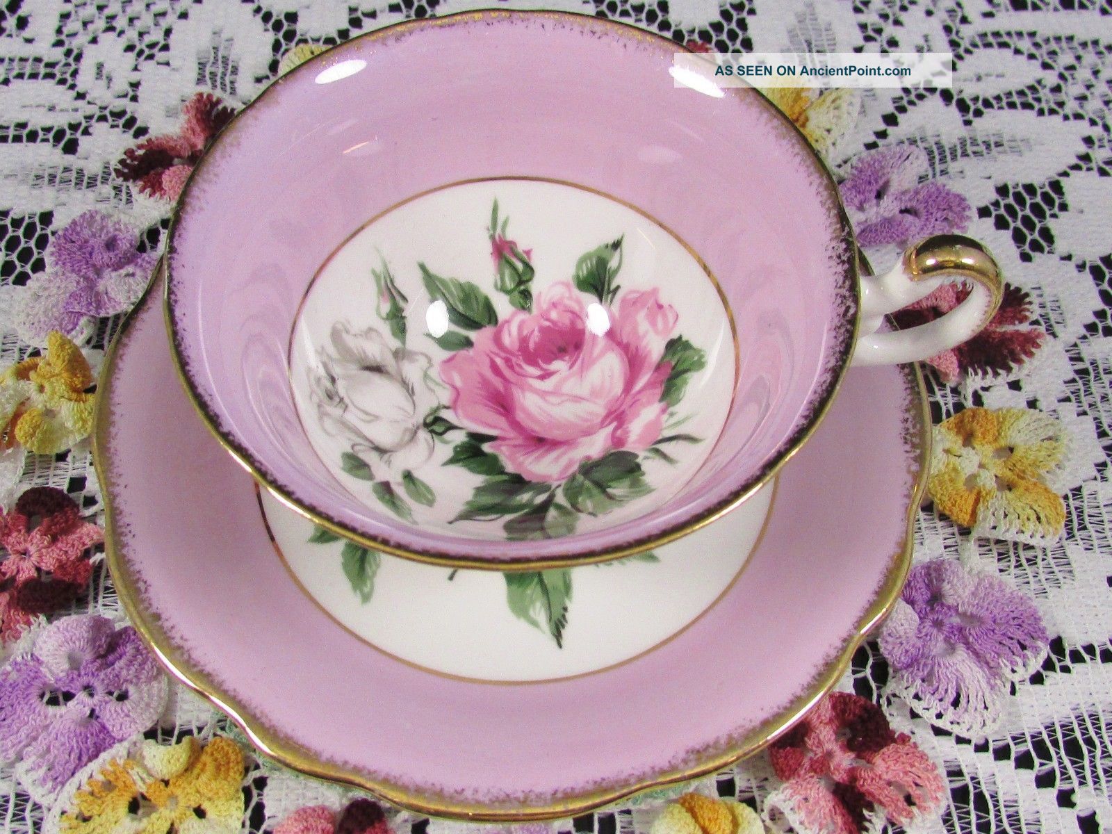 Foley Pink Roses Heavy Gold Lavender Band Tea Cup And Saucer Cups & Saucers photo