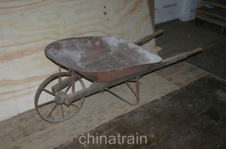 Antique Vintage Iron Metal Wheel Wood Handles Farm Wheelbarrow Wheel Barrow photo