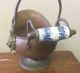 Small Copper Coal Ash Fireplace Bucket Scuttle Blue & White Handle Lion Accents Hearth Ware photo 2