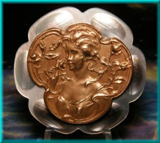 Victorian Art Nouveau Goddess & Roses Brass & Carved Smokey Pearl Studio Button photo