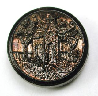 Antique Black Glass Button Quaint Chapel Scene W/ Copper Luster 11/16 