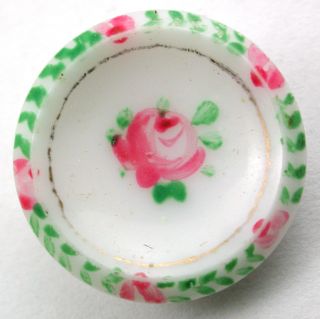 Antique Victorian Glass Plate Button W/ Hand Painted Rose Design - 5/8 
