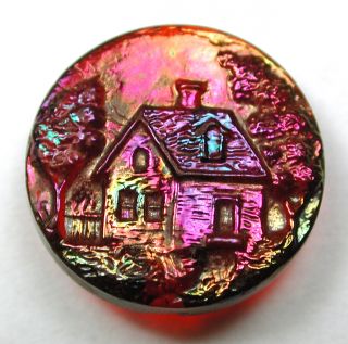 Antique Ruby Glass Button Cottage Scene W/ Carnival Luster - 11/16 