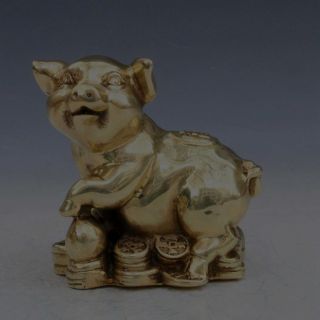 Old Peking Collectable Brass Hand Carved Auspicious Pig Statue W Da Qing Mark photo
