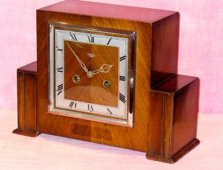 Vintage Art Deco Smiths Enfield Wooden Cased Wind Up Chiming Mantle Clock Gwo photo