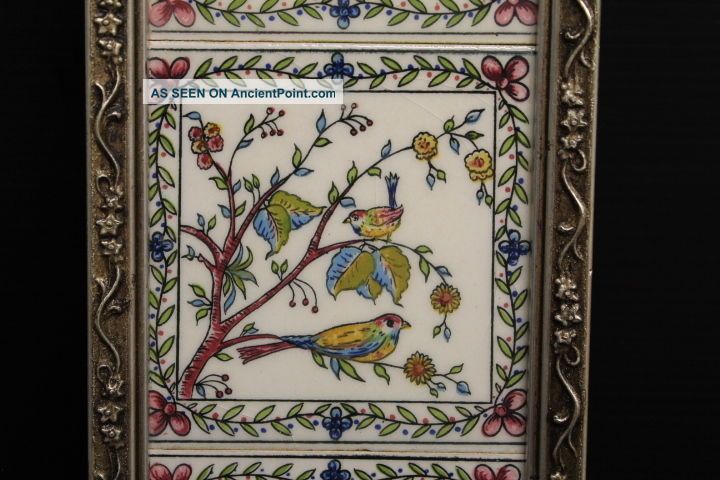 Vintage Framed Porcelain 3 Part Tile Wall Art Colorful Flowers & Birds 13 