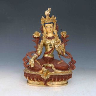 Chinese Brass Gilt Hand Painted Face Carved Statues - Green Tara X0277 photo