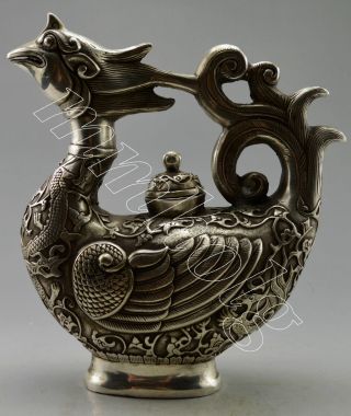 Collectible Decorated Old Handwork Tibet Silver Carved Big Phoenix Tea Pot photo