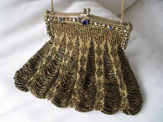 Antique Pearl Blue Cobalt Blue Jeweled Frame Peacock Iridescent Brown Bead Purse photo