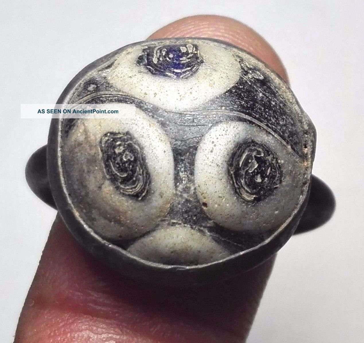 Mosaic Ancient 3 Eyes Glass Old Wonderful Bronze Unique Ring 9 Size 19 Mm. Roman photo