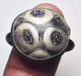 Mosaic Ancient 3 Eyes Glass Old Wonderful Bronze Unique Ring 9 Size 19 Mm. photo